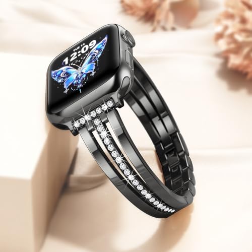 Image of AIRSPO Slim Gold Band Compatible with Apple Watch 38 /40 /41 /42 /44 /45 /46mm Women Metal Dressy Jewelry Bracelet with Bling Diamond for iWatch Series 10-3 /SE (Black, 42 /44 /45 /49 /46mm(Series 10))