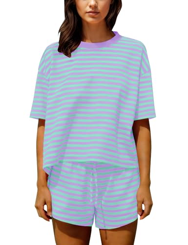 Image of Ythomm Striped Pajamas Shorts Sets Women 2 Piece Lounge Outfits Short Sleeve Tees Drawstring Shorts Summer Matching Pj Sets
