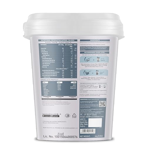 Image of MuscleBlaze 100% Clean Raw Whey Protein Concentrate (Unflavoured, 4kg) | 24g Protein per Scoop | Easy to Digest