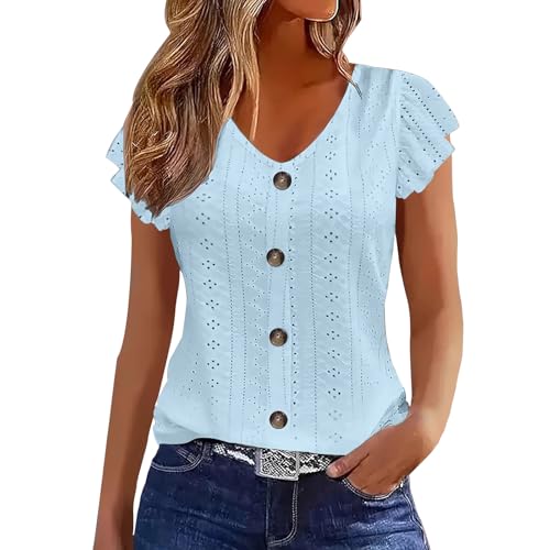 Eyelet Tops for Women Hollow Out Embroidery Summer Casual Dressy Shirts Cape Short Sleeve Elegant Blouses Tshirts Sky Blue