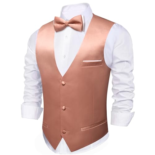 Image of Barry.Wang Mens Suit Vest Bow Tie Set 4PCS Formal V-neck Slim Fit Casual Solid Color Waistcoat Wedding Party Tuxedo