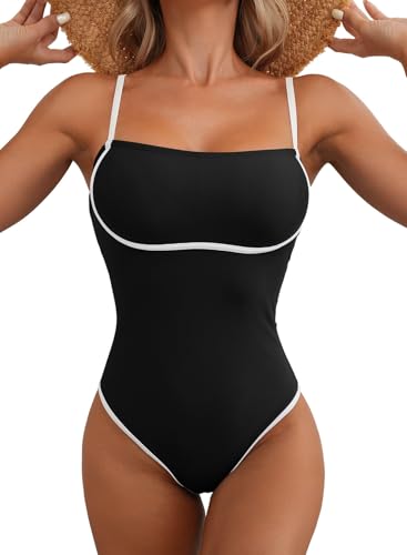 Herseas Women One Piece Swimsuit Seamless 2025 Summer Bathing Suit Color Block Trims Sporty Spaghetti Strap Beachwear