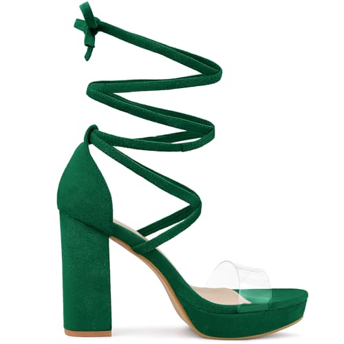 Allegra K Allegra K Women's Clear Platform Lace Up Chunky Heels Dark Green Sandals 8.5 m US