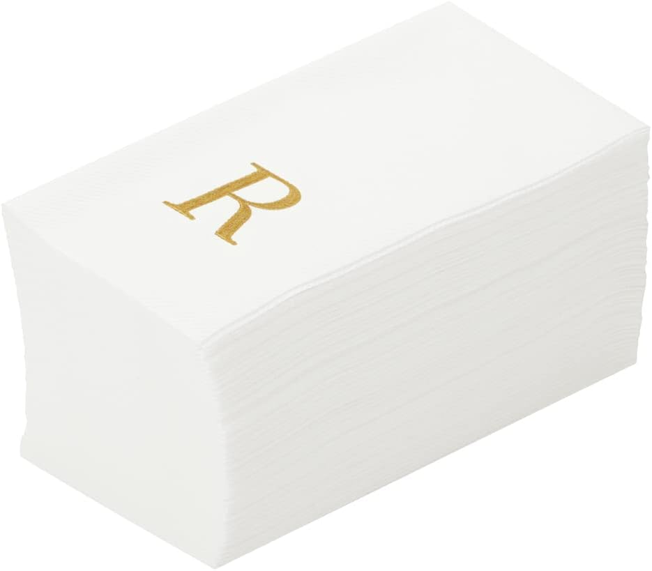 Restaurantware Luxenap Linen-Feel Guest Towels with Gold 'R' Monogram - 50 Pack White Airlaid Paper Napkins for Events & Tables