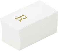 Restaurantware Luxenap Linen-Feel Guest Towels with Gold 'R' Monogram - 50 Pack White Airlaid Paper Napkins for Events & Tables