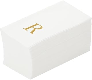 Restaurantware Luxenap Linen-Feel Guest Towels with Gold 'R' Monogram - 50 Pack White Airlaid Paper Napkins for Events & Tables