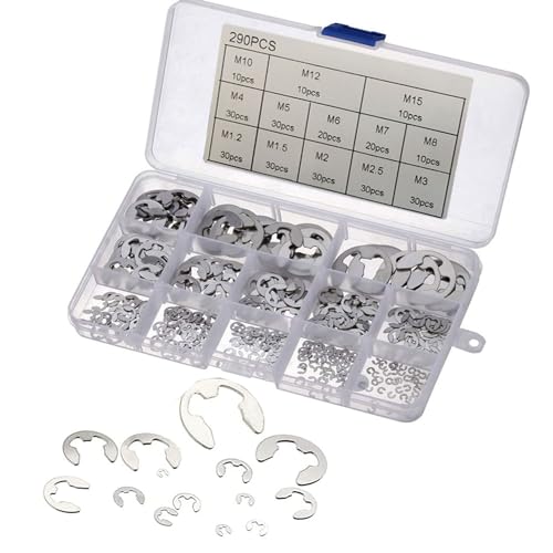 YQkangzhu 290Pcs 304 Stainless Steel E-Clip Assortment Kit, External Retaining Ring Assortment Set, Snap Ring Clip, 13 Sizes 1.2-15mm E Circlip Retainer Rings for Bearings, Gears, Pulleys and Axles
