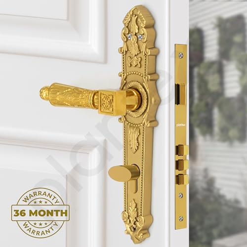 Image of Plantex Main Door Lock Handle Set /6-Lever Lock Mechanism with 3 Years of Warranty /Mortise Door Lock with 3 Keys, Brass Lockbody & Cylinder(657- Gold)