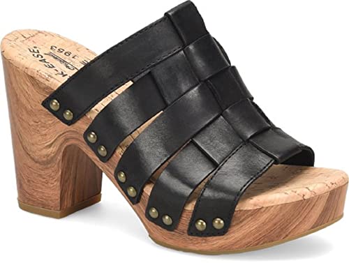 KORK-EASE Devan Women's Heeled Sandal – Hand-Burnished Woven Leather with Antiqued Rivets & Woodgrain Heel