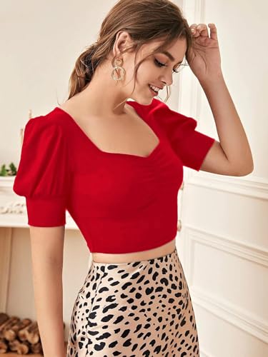 Image of Sweetheart Neck Ruched Front Puff Sleeve /Half Sleeve Streachable Solid /Plain Slim Fit Crop top for Women | Women's Slim FIT Crop TOP | Tops for Women