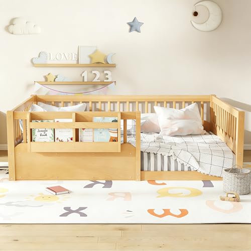 Image of Bellemave Full Size Kids Montessori Floor Bed,Solid Wood Floor Bed Frame with Bookshelf and High Fence for Kids,Girls,Boys,Natural