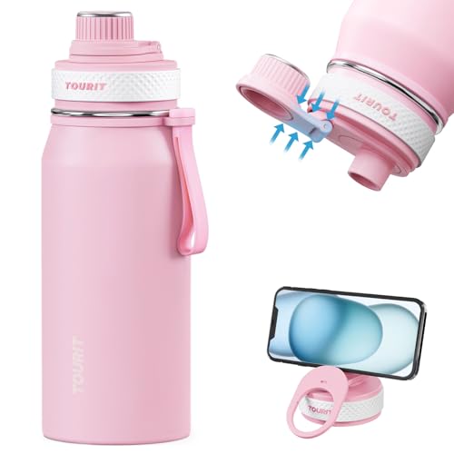 Image of TOURIT 32oz Stainless Steel Wide Mouth Water Bottle, Double-Wall Vacuum Insulation with Spout Lid for Sports and Travel, Pink