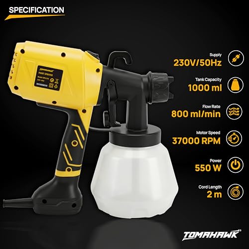 Image of Tomahawk EPS-C10 550W Electric Paint Sprayer with 100% Copper Motor, 1000ml Tank, 3 Nozzles (1.0 /1.8 /2.5mm), HVLP High Flow 800ml /min for Home & DIY Painting (Yellow)