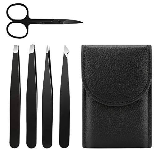 Tweezers Set 5-Piece Professional Stainless Steel Tweezers Great Precision for Facial Hair, Ingrown Hair, Splinter, Blackhead and Tick Remover Best Precision Eyebrow and Splinter Ingrown Hair