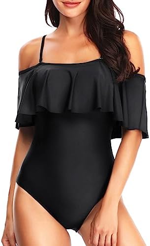 Tempt Me Women's Black Off Shoulder One Piece Swimsuits Flounce Ruffle Bathing Suits L