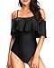 Tempt Me Women One Piece Solid Color Off-Shoulder Flounce Monokini Swimwear Black L