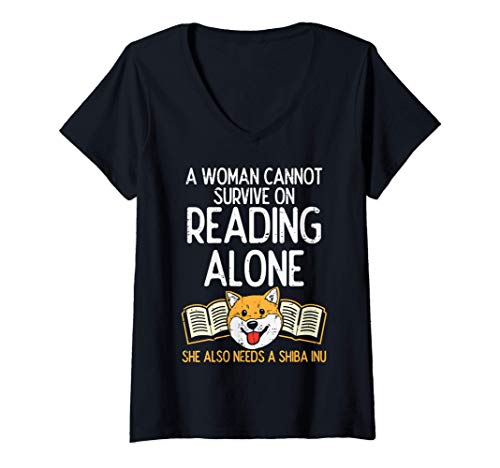 Damen Woman Reading Shiba Inu Books Akita Dog Librarian Gift T-Shirt mit V-Ausschnitt