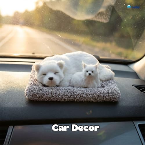 Image of FunBlast Sleeping Cute Dog with Puppy - Realistic Soft & Lifelike Pet Puppy with Bed for Car Dashboard and Home Decor, Sleeping Dog Soft Toy (White)