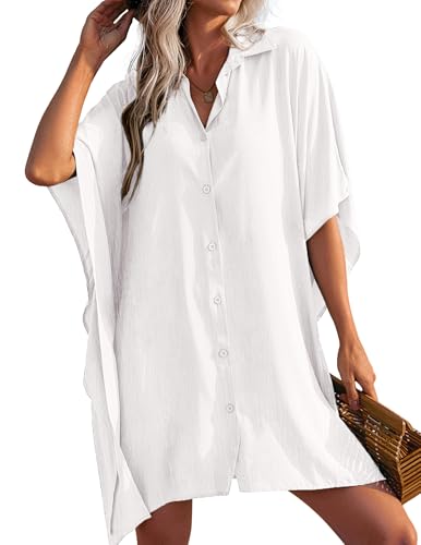 Ekouaer Womens Bathing Suit Coverups Beach Cover Up for Swimwear Button Down Beachwear Shirt,3X-Large White