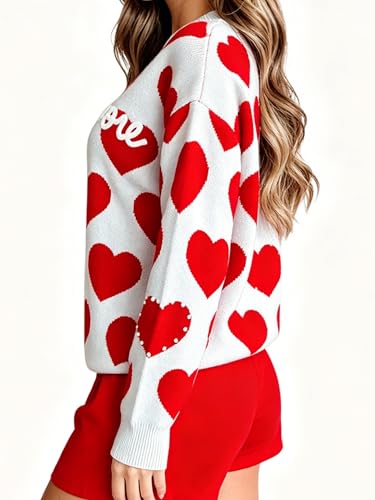 Image of Women's Cute Heart Sweater Love Print Valentine Romantic Knitted Top Casual Crewneck Long Sleeve Sweaters Pullover