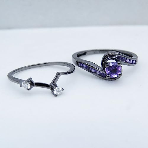 Dazzlingrock Collection Round Amethyst And White Diamond Swirl Bypass Wedding Ring Set for Women in Black Plated 10K Solid White Gold3