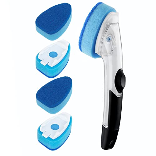 Dishwand Refills With Handle, 5 Non Scratch Replacement Sponge Heads, 1 Advanced Soap Control Dispenser, Heavy Duty Dish Wand Scrubber Set, Dishwashing Scrub Brush Pads, Dishwasher Cleaning Scrub Tool #TOP6