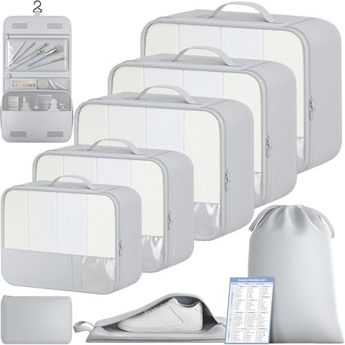 Image of BAGAIL 9 Set Packing Cubes with Packing List Luggage Packing Organizers for Travel Accessories (Light Grey)