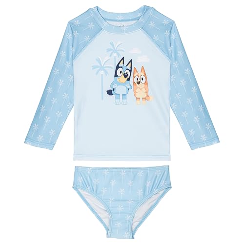 Bluey Little Girls Raglan Rash Guard and Bikini Bottom UPF 50+ Swim Set Sky Blue 5-6