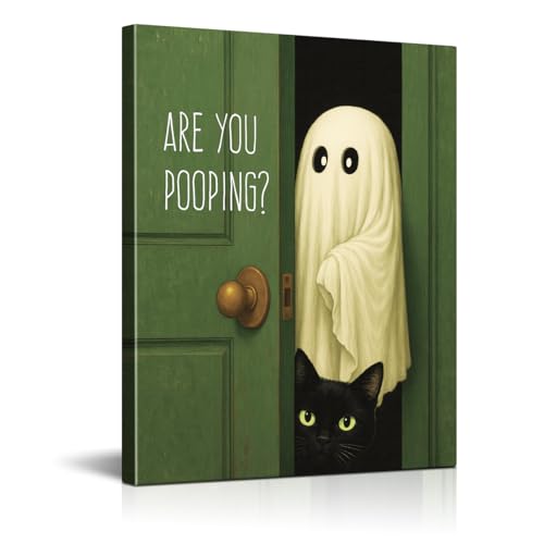 Funny Ghost Cat Halloween Bathroom Wall Art - Cute Ghost Bathroom Wall Decor - Funny Vintage Artwork for Washroom 8x10 Canvas Framed - Are You Pooping