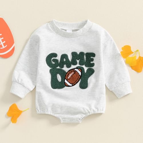 ZAXARRA Newborn Baby Boy Girl Fall Outfit Letter Football Print Embroidery Romper Long Sleeve Pullover Sweatshirt Jumpsuit3