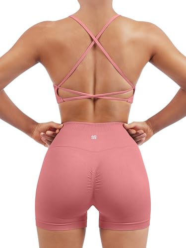 Image of SUUKSESS Women Seamless Workout Sets Strappy Sports Bra High Waist Booty Shorts Outfits