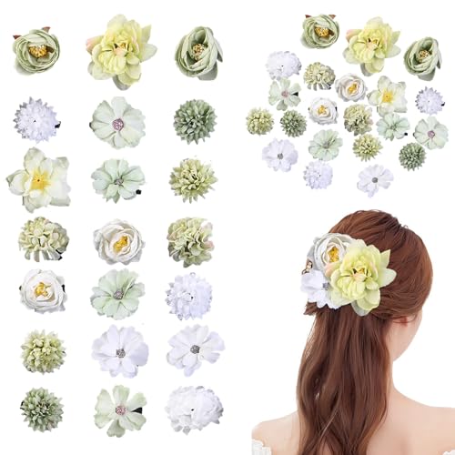 Fermaglio per capelli a fiori, 21 pezzi, multicolore con fiori artificiali, per feste, spiaggia, matrimoni, decorazioni per eventi (serie verde e bianco)