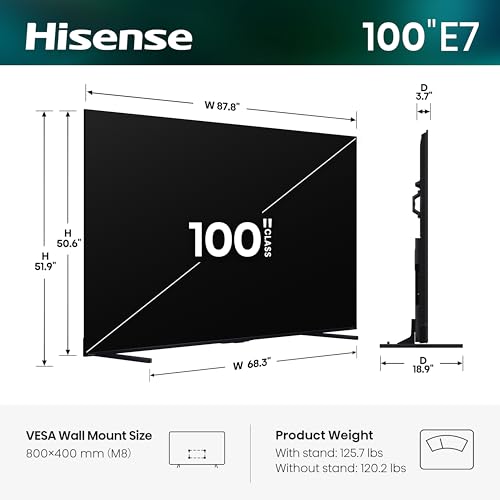 Image of Hisense 100 inch E7 Cinema Series Hi-QLED Mini-LED 4K UHD Smart Fire TV (100E7SF, 2026 Model) -Native 144Hz, Dolby Vision IQ . Atmos, Full Array Local Dimming, HDR10+ Adaptive, Alexa Built in