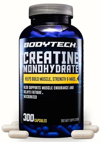 BodyTech Creatine Monohydrate Capsules, Micronized Creatine Formula for Men and Women, 2250 mg per Serving, Pre Workout & Post Workout Supplement, Gluten Free, Sugar Free, 300 Capsules Per Bottle