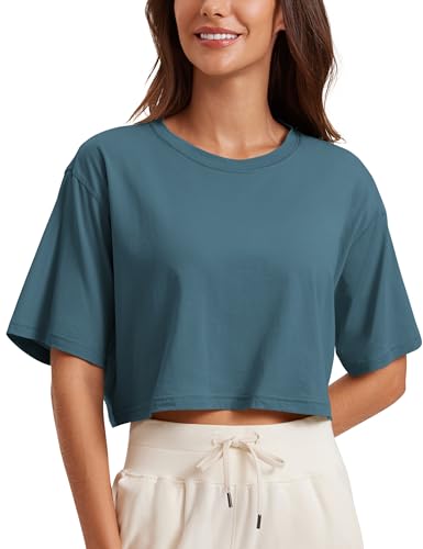 Image of CRZ YOGA Pima Cotton High Neck Crop T-Shirt | Workout, Naturally Soft, Loose Fit, Short Sleeve Tops for Women