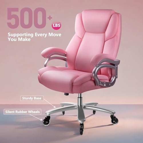 Image of Waleaf 500lbs Big and Tall Office Chair, Heavy Duty Chair for Heavy People, Adjustable Ergonomic Lumbar Support Executive Chair, Large High Back and Quiet Rubber Wheels, Pink