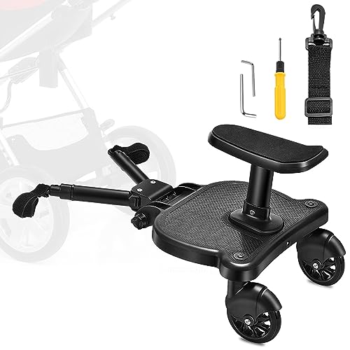 SEAAN Universal Buggy Board with Seat, Kiddy Board, Pram Standing Board with Stable Two Wheel Design, 360° Rotation Buggy Board fits 99% Baby Carriages (Black) for Children from 2-6 Years (25kg)