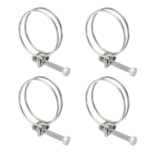 Image of sourcing map 4 Pcs Double Wire Hose Clips 60-67 mm 304 Stainless Steel Adjustable Wire Pipe Tube Clamps with M8 Screw Plumbing Joint Fastener for Dust Collection Pool Pond, Silver