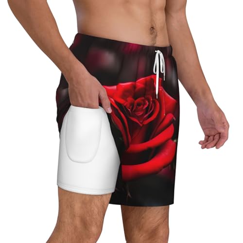 Red Rose Men's Soft Double Swim Shorts, Lounge Swiming Shorts Pants Breathable Summer3