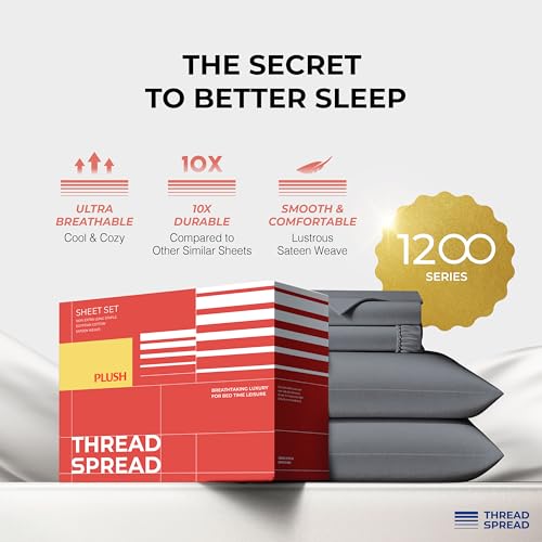 Image of THREAD SPREAD 100% Egyptian Cotton King Size Sheets Set - Luxury 1200 Series Plush Collection Egyptian Cotton Sheets King Size (4 PC, Dark Grey), Silky Soft, Cooling, 17 inch Deep Pocket Bed Set
