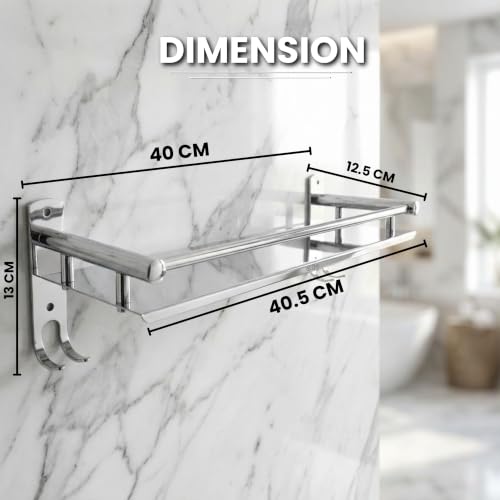Image of GLOXY Premium Combo Pack of 3 Stainless Steel Single Shelf Wall Mount with Multipurpose Hooks - Chrome Finished Bathroom Stand Shelf Bathroom Fittings Accessories Set for Home, Office & Restaurants