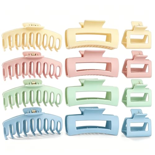 12 Pack Matte Hair Claw Clips, 3 Styles Small Medium Large Durable PS Hair Claws for Women Girls, Strong Hold Non-Slip Hair Clips for Thick Thin Fine Curly Hair- Yellow+Pink+Green+Blue
