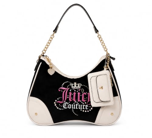 Image of Juicy Couture Dream Juicy Shoulder Bag for Women, Crystal Crown Logo Hobo Purse with Detachable Card Case, Black/Cream, One Size