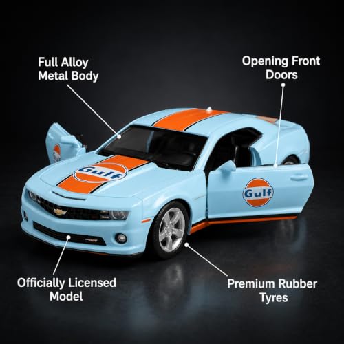 Image of Wizplex CCA Chevrolet Camaro SS Gulf 1:64 Officially Licensed Premium Die Cast Metal Car in Acrylic Display Case - Openable Doors, Collectible Muscle Coupe Showpiece for Collectors & Kids 3+