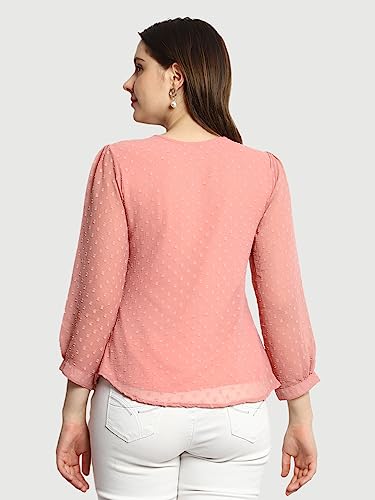 Image of PRETTIFY Women's Regular Fit Solid Embroidery Georgette Waist Length, 3 /4 Sheer Sleeve, Round Neck Casual Wear Western Shirt Top for College /Office Girls