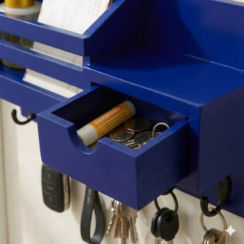 Image of Wooden Wall Mounted Key Holder with Hooks and Organizer Shelf Wall Rack for Letters Wallets and Accessories Home and Office Wall (Blue, Drawer Organizer - 35.5 x 9 x 23 cm)