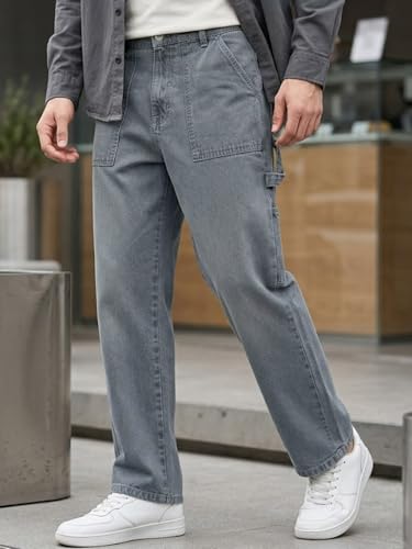 Image of Urbano Fashion Men's Loose Mid Rise Baggy Fit Cargo Carpenter Jeans with 6 Pockets Non-Stretchable