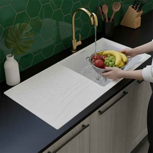 Image of EVANEX Quartz Sink for Kitchen|36x18x9 inch Kitchen Sink with Drain Board|Granite Sink for Kitchen Basin|Sand Pluto Quartz Kitchen Sink with Connector, Waste Pipe, Coupling and Drain Basket