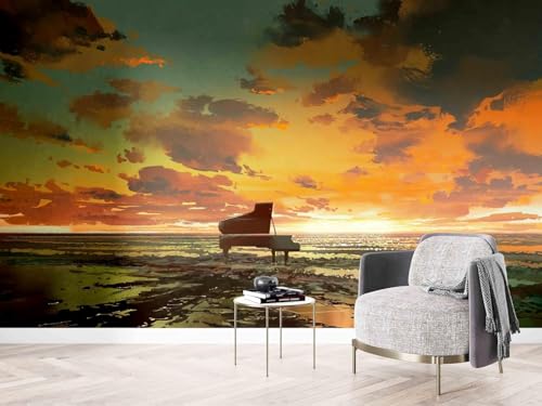 Tzxztt Piano En La Playa Papel Pintado 3D Póster Restaurante Dormitorio Salón Sofá TV Pared Decorativa-400cm×280cm