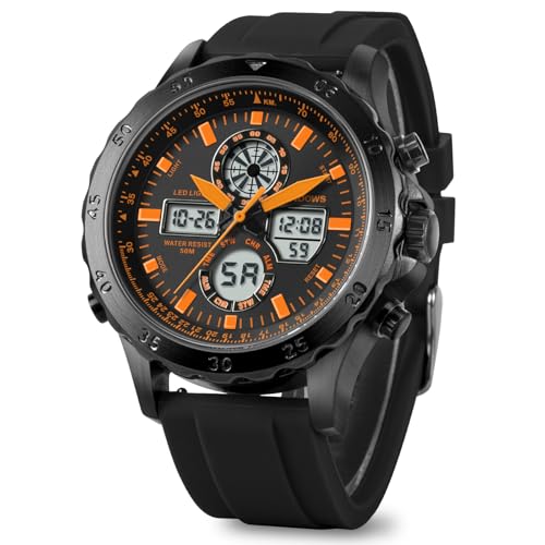 Image of PINDOWS Watch for Men Big Dial Analog Digital Black Silicone Sport Multifunction Luminous LED Dial Waterproof Watches Fashion Wristwatches